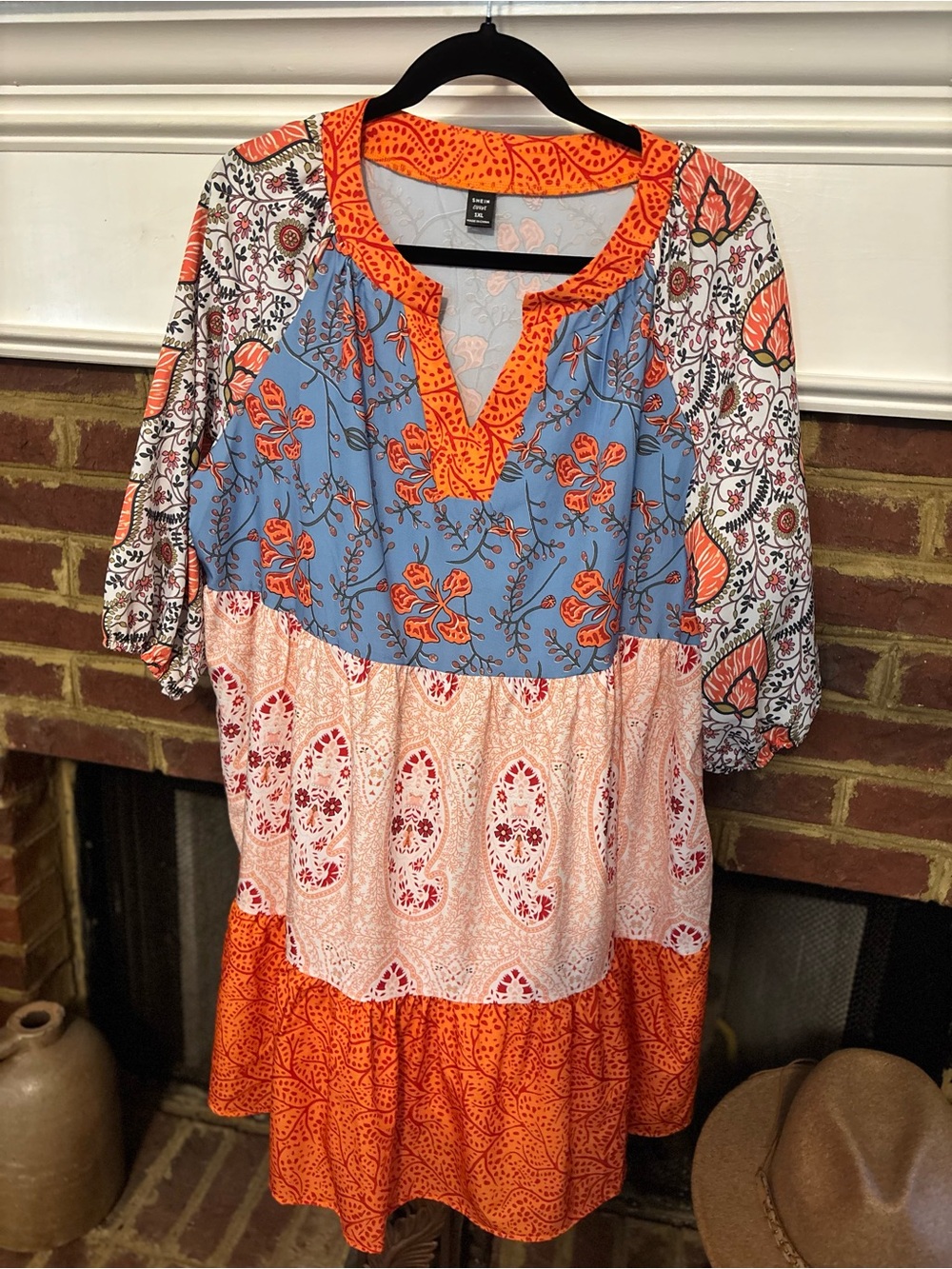 SHEIN Orange, Blue & White Mixed-Print Tiered Mini Dress